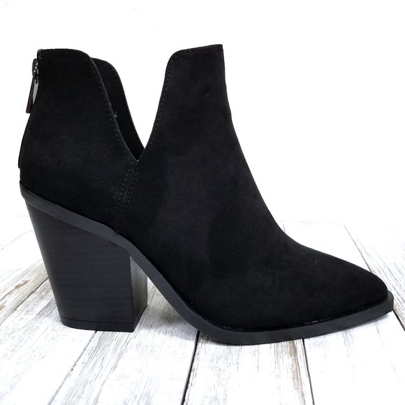 New Black V Slit Pointed Toe Ankle Boots Booties - Picture 3 of 4